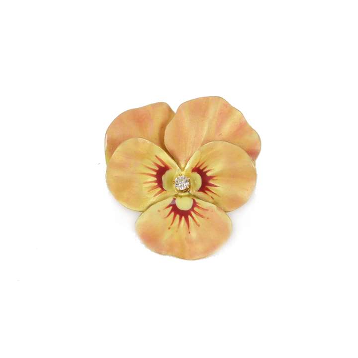 Antique peach coloured enamel and diamond pansy brooch-pendant